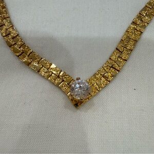 Vintage Gold V Nugget Necklace with Clear Stone